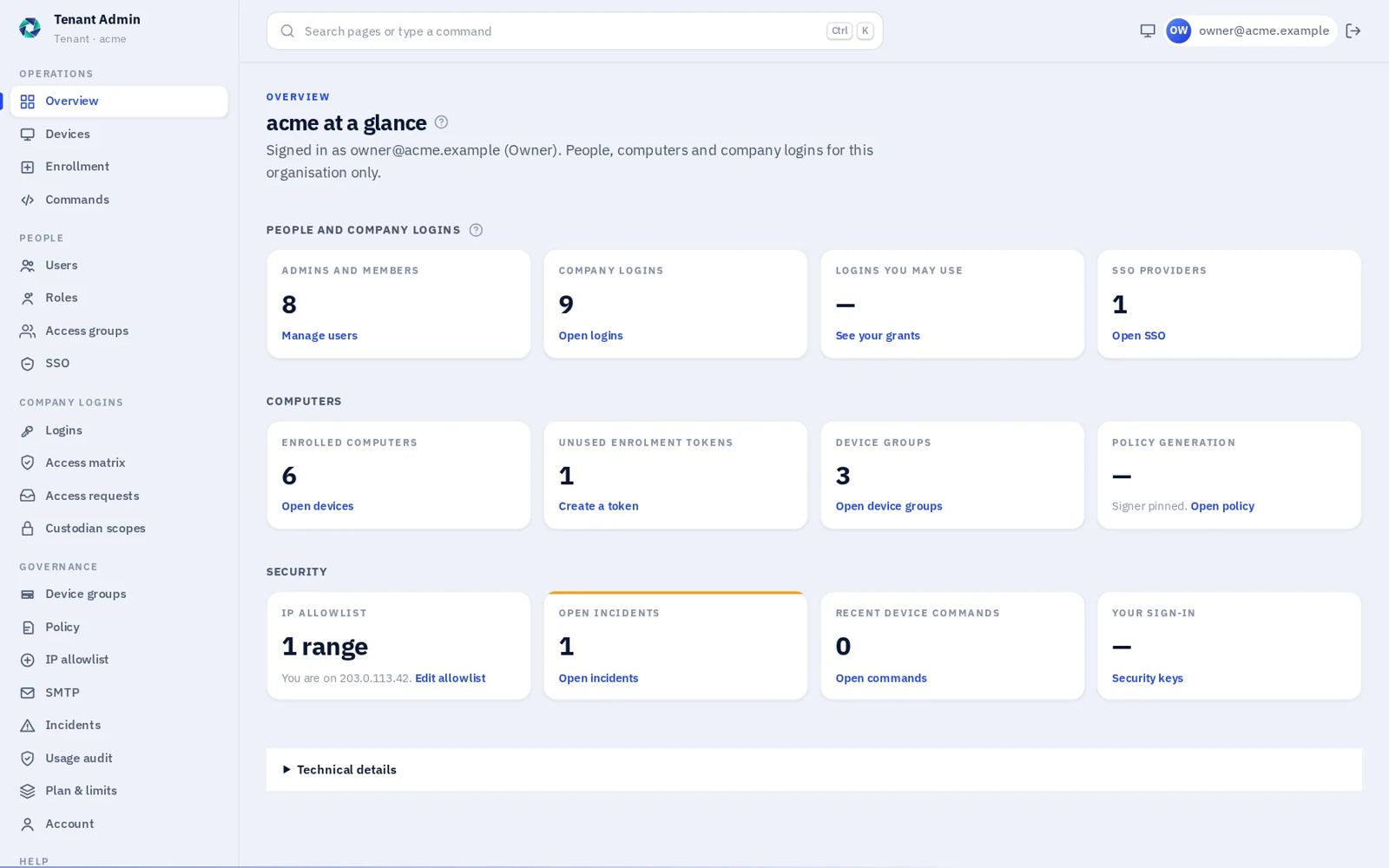 Trustwelt Tenant Admin overview: people and company logins, computers, and security, as linked tiles