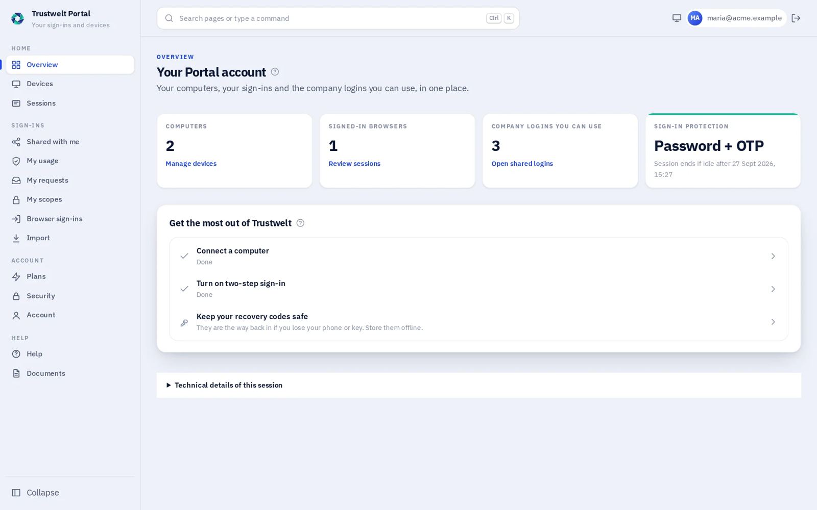 Trustwelt Portal overview: computers, signed-in browsers, company logins you can use, and next steps