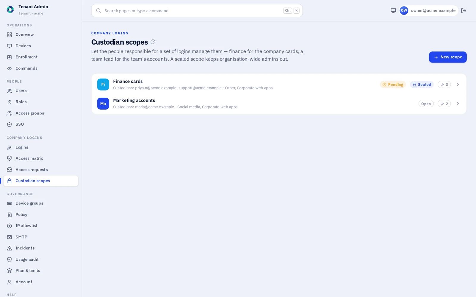 Custodian scopes in Tenant Admin: a sealed Finance cards scope with two custodians and a pending change, and an open Marketing accounts scope