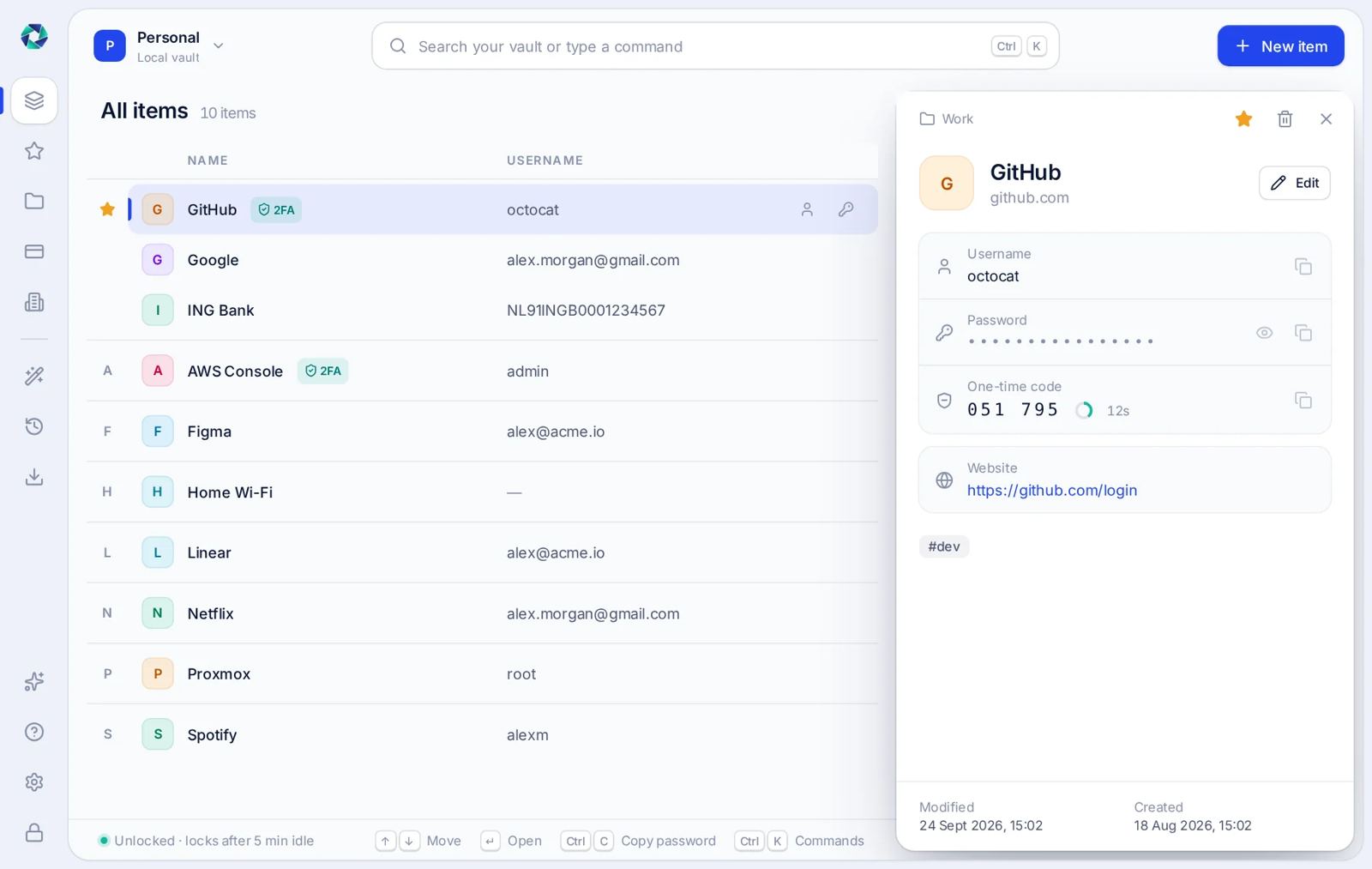 Vault Lite desktop app with a list of logins and one open, its password hidden and a one-time code counting down